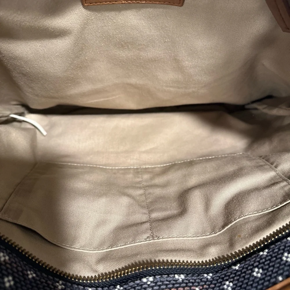 Talbots Woven Large Zip Tote Faux Leather Trimmed Nautical Blue White Dots EUC